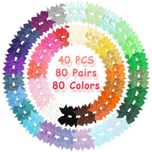 Baby Hair Clips, 80PCS 2" Fully Lined Hair Bows for Girls, Toddler Hair Accessories, Alligator Hair Clips for Girls Toddlers Baby Kids Teens (40 Colors in Pairs）