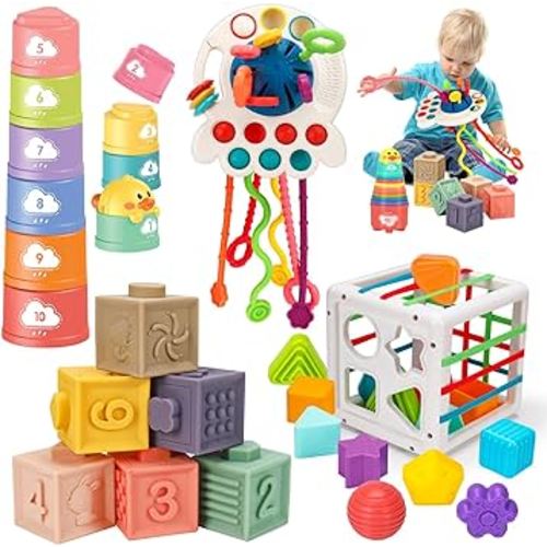 Montessori Baby Toys 6-12-18 Months, Infant Pull String Stacking Cups Shape Sorter Blocks Toy 6 7 8 9 10 11 12 M+ Sensory Development Learning Toy 6-9 9-12 Months Birthday Gift for 1 Year Old Boy Girl