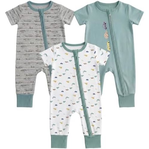Aablexema Baby Short Sleeve Footless Romper 3-Pack Rayon of Bamboo 2 Way Zipper One Piece Pajamas Jumpsuits for Boys Girls