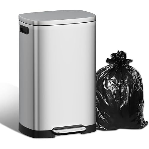 13 Gallon Stainless Steel Kitchen Trash Can, 50L, Rectangular, Soft-Close Lid, Fingerproof Finish, Hands-Free Operation, Odor Protection,Silver
