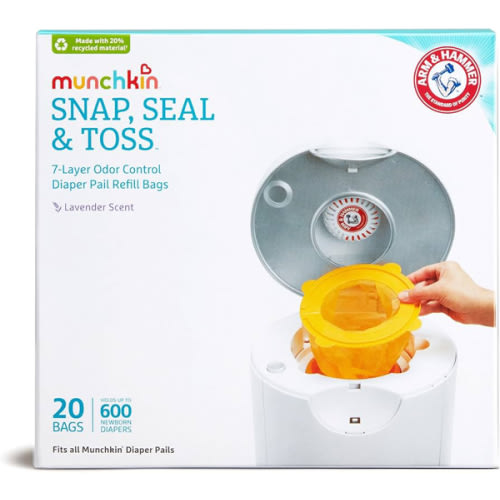 Munchkin® Arm & Hammer Diaper Pail Snap, Seal & Toss™ Refill Bags, Holds up to 600 Newborn Diapers, 20 Pack