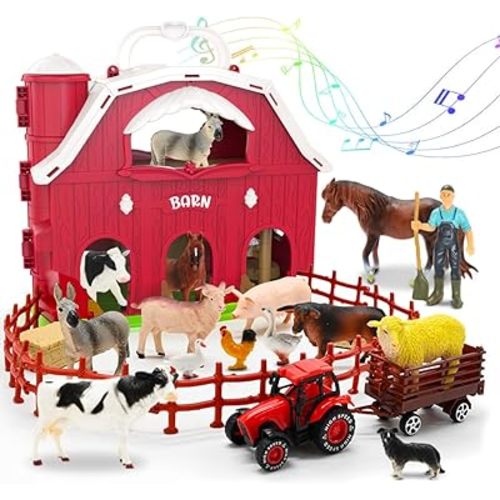 Red Barn Toys for Toddlers 1-3, Farm Animal Figures Playset with Tractor for 2 3 4 5 Year Old Kids, Musical Preschool Montessori STEM Learning Toys, Easter Christmas Birthday Gifts for Boys Girls
