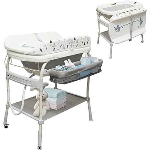 2 in 1 Baby Bathtub with Changing Table, DEYGIA Waterproof Diaper Changing Station Portable Changing Table Adjustable Height Nursery Organizer with Storage Racks for Newborn Infant Toddler