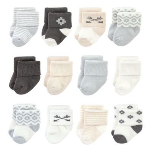 Hudson Baby Cotton Rich Newborn and Terry Socks, Gray Arrows 12Pk, 6-12 Months