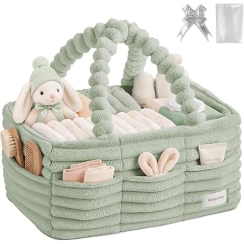 Blissful Diary Flannel Diaper Caddy Organizer with Gift Packaging, Portable Nursery Storage Basket, Gift for Baby Shower, Newborn Boys & Girls Essentials, Registry Search Must Haves, Light Green