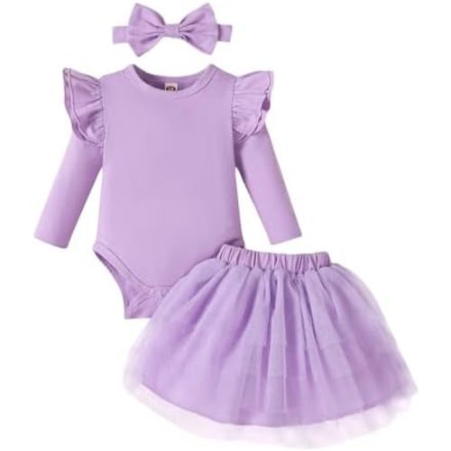 Baby Girl Ruffle Sleeve Romper Dress Newborn Solid Color Dress Bow Outfit Infant Jumpsuit Tutu Skirt Set Clothes