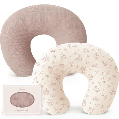 Konssy 2-Pack Muslin Nursing Pillow Covers, Taupe Soft Slipcover for Baby | Covers Only, 100% Cotton, Hidden Zipper, Washable, Breastfeeding Pillows Covers for Newborn Boys & Girls, (Soft Blooms,taupe)