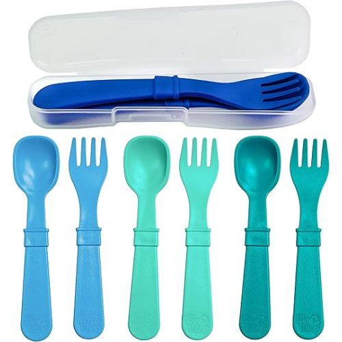 Re-Play Toddler Forks and Spoons Set - 4x4 Utensils Set for Kids - Dishwasher and Microwave Safe - Made in USA - Set of 8-5.8" x 1.2" x 0.2" - A True Blue