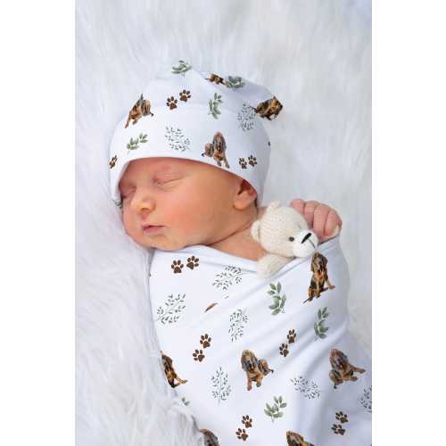 Bloodhound Swaddle Blanket With Name Blood Hound Swaddle Custom Dog Baby Shower Gift For Baby Name Blanket Coming Home Outfit | Greenery