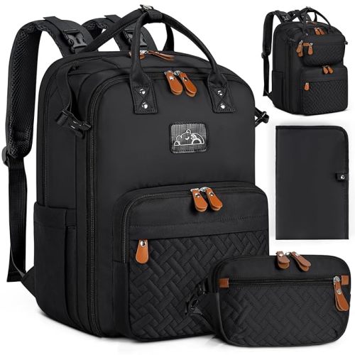 RAINSMORE Diaper Bag Backpack, Large Waterproof Baby Bag with Changing Pad, Detachable Crossbody Bag & Stroller Straps Travel Diaper Backpack for Moms Dads Unisex Baby Essentials Organizer