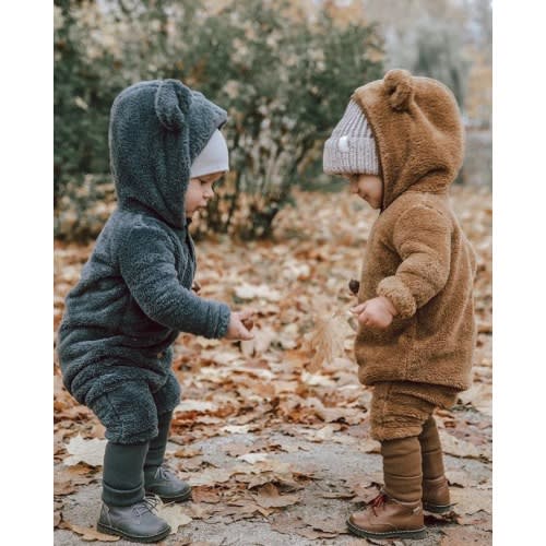 Baby Autumn Jumpsuit Fuzzy Graphite / Grows with Child / Eared Romper / Hooded Overall / Newborn Outfit / Made in Poland