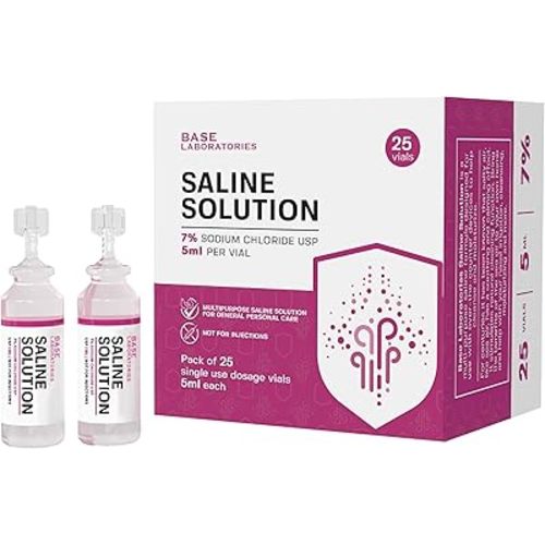 BASE LABORATORIES 7% Saline Solution Vials - Versatile 7% Sodium Chloride Saline Ampoules - Preservative Free Saline Solution Single use vials - USP Grade 25 Vials x 5ml Count
