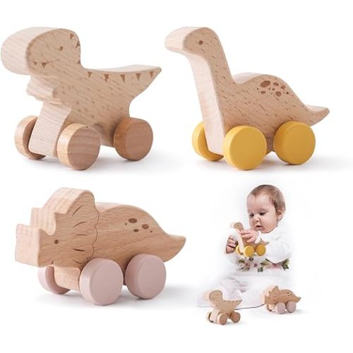 Wooden Dinosaur Cars Montessori Toys for Babies Baby Push Car Toys Wooden Toy Vehicles Development and Infant Grasping Montessori Toys(3PCS)