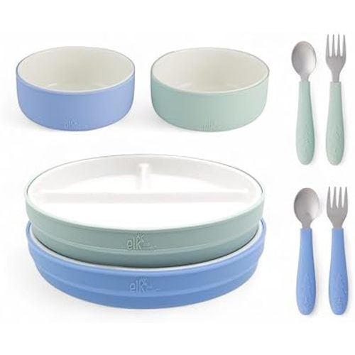 Elk and Friends Kids Porcelain Mealtime Bundle with Normal Sleeves | Plates, Bowls + Toddler Utensils | Silicone Sleeves | For Meals + Snacks | Microwave + Dishwasher Safe