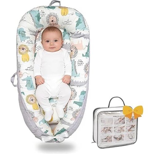 Infant Support Cushion-Breathable and Soft Organic 100% Cotton, Portable Tummy Time Mat with Removable Support Cushionr Cover, Floor Baby Support Cushion for Newborn - Lion