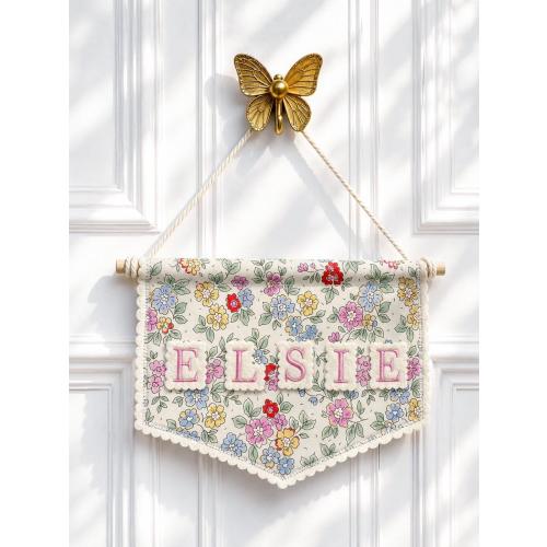 Personalised Floral Fabric Name Sign – Embroidered Kids Room Door Banner