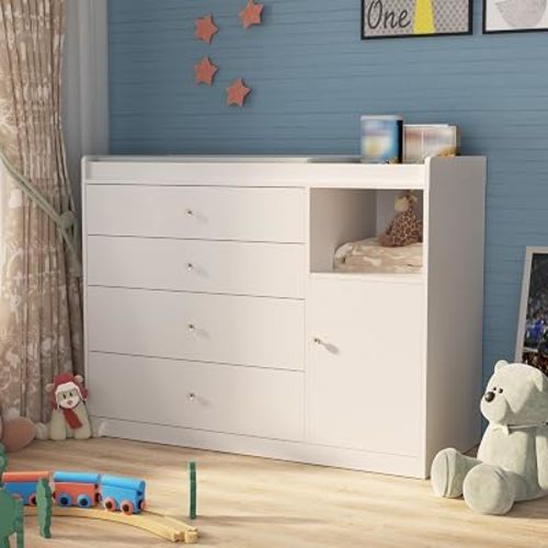 Diaper Changing Station 45.2 inches with 4 Drawers and 1 Shelf Baby Changing Table Dresser with Changing Table Top Nursery Organizer for Bedroom, White