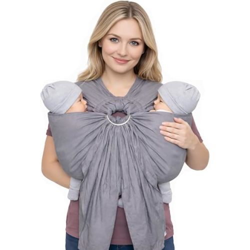 Grey Tandem Ring Sling for Twins – 100% Linen Cotton Blend Baby Carrier | Ergonomic Twin Baby Sling for Hip Carry | Soft, Adjustable & Breathable Ring Sling for Newborns to Toddlers up to 60 lbs