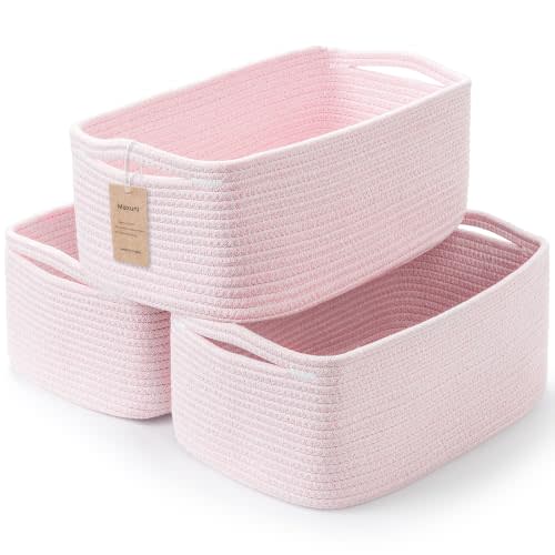 3 Pack Small Storage Baskets for Organizing, 11.8×7.8×5.1", Mixed Pink | Woven Baskets for shelves, Cotton Rope Basket for Gifts Empty, Closet Organizer Bins with Handles, Cube Decorative Box