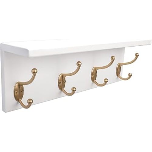 SANY DAYO HOME Wall Mounted Pine Wood Coat Rack with Shelf and 4 Heavy Duty Two-Prong Hooks for Entryway, Kitchen, Bathroom, Bedroom, Laundry (16 x 5 x 4 inches, White and Gold)
