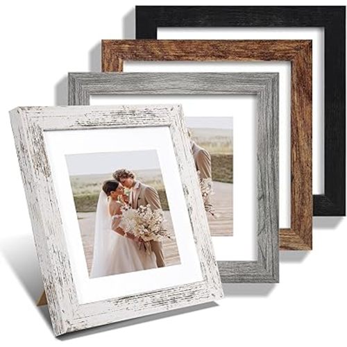 8x8 Picture Frame Set of 4, Made of Glass and Multicolour Wooden Frame, 8 by 8 Photo for Wall or Tabletop - Display Picture 6x8 with Mat or 8x8 Without Mat