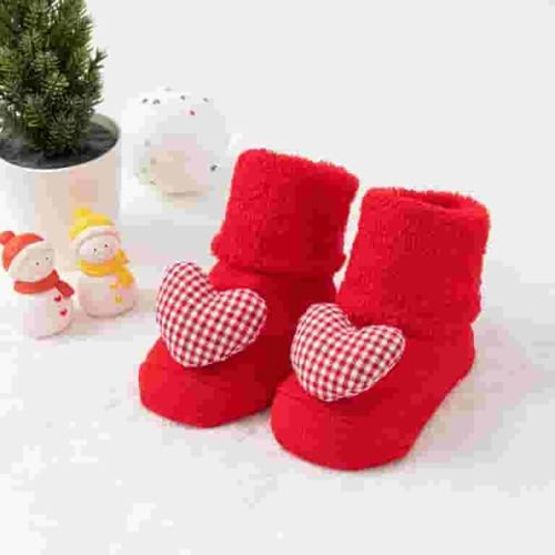 Tao Tao Baby Boys Girls Booties Slippers Cozy Knitting Cotton Booties, Infants Soft Warm Cartoon Heart Socks Newborn Crib Sock Shoes Walking Socks Shoes Red 0 Years