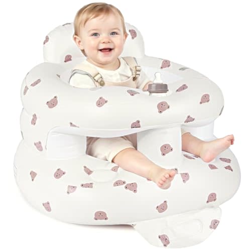 Upgraded Inflatable Baby Seat, Sit Me Up Floor Seat for Baby Chair, Bear | Fully Surround, Waterproof Anti-Fall Design, Built-in Air Pump, with Back Support, Baby Seat for Learning Sit, Feeding