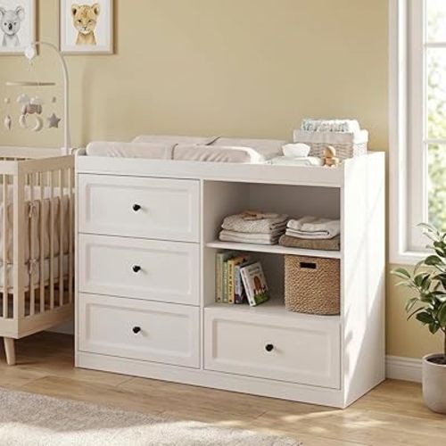 Changing Table Dresser, Baby Dresser with Changing Table Top, Nursery Dresser with 4 Drawers & Adjustable Shlef, Diaper Changing Station for Baby Room, White