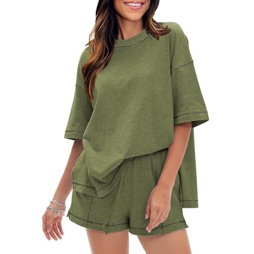 EXLURA Women's Casual Summer 2 Piece Sets 100% Cotton Short Sleeve Tshirt and Shorts Matching Sweatsuits Lounge Set 2026
