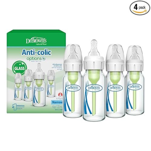 Dr. Brown's Anti-Colic Options+ Narrow Glass Baby Bottle with Level 1 Slow Flow Nipple, BPA-Free, 4 oz/120mL, 4-Pack