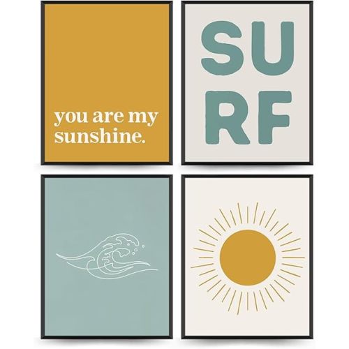 Wheatwin Surf Beach Wall Decor, You are My Sunshine Sun Wall Art Prints 4 Pcs, Coastal Summer Ocean Waves Wall Decor for Toddler Kids Boys Girls Room Playroom Nursery 8x10 Unframed