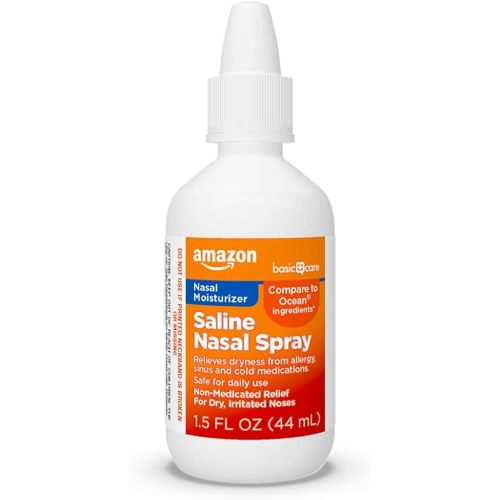 Amazon Basic Care Premium Saline Nasal Moisturizing Spray for Allergy Relief, Non-Medicated Relief for Dry Nose, 1.5 fl oz (1-Pack), Clear