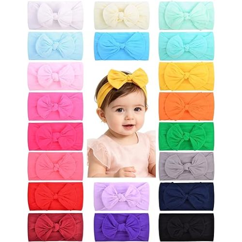 jollybows 20pcs Baby Girls Nylon Headbands Turban Hair Bows Hair Band Elastic Hair Accessories for Kids Toddlers Infants Newborn