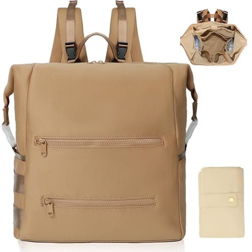 Omanmoli Diaper Bag Backpack,Large Neoprene Baby Bag for Boys Girls with 15 Diaper Bag Organizer,2 Insulated Pockets,Changing Pad,Stroller Straps,Brown