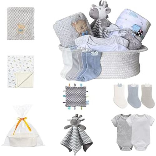 CREVENT Gift Set for Girls Boys -Diaper Caddy Organizer Basket with 2 Blankets, 1 Taggie, 1 Lovey, 3 Socks,2 Baby Bodysuits,1 Gift Bag with Ribbon - Newborn Essential Baby Shower