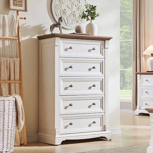 Farmhouse 5 Drawer Dresser for Bedroom, 48" Tall Wood Dresser for Living