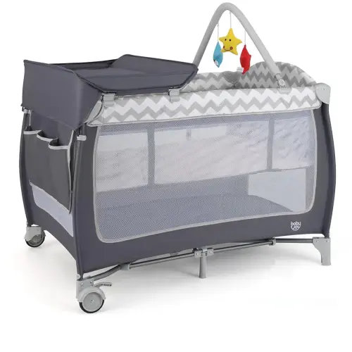 BABY JOY 4 in 1 Pack and Play, Portable Baby Playard with Bassinet, Side Zipper Door, Changing Table, Indoor Outdoor Travel Nursery Center w/Toy Bar, Lockable Wheels, Carry Bag Grey