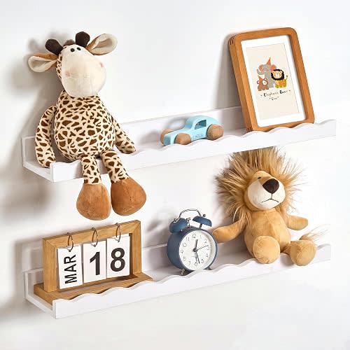 Picture Ledge Shelf for Wall, 24 inch Pine Wood Nursery Book Shelves Set of 2- Wall Book Shelves for Kids Room, Home Decor - Kitchen Spice-Natural.