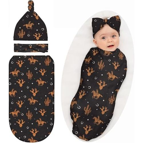 Western Baby Swaddle Blanket with Headband and Beanie Set, Receiving Blanket, Newborn Infant Western Baby Clothes Outfits Stuff