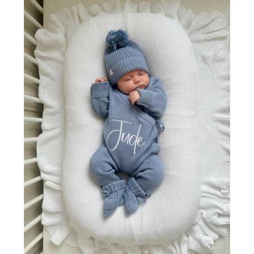 Personalised Blue Knit Baby Long Romper: Embroidered Cotton Outfit