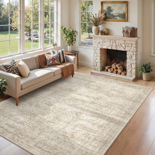Roxstand Washable Rugs 5x7, Vintage Distressed Area Rugs for Living Room, Non Slip Accent Bedroom Rug (5'x7', Beige)