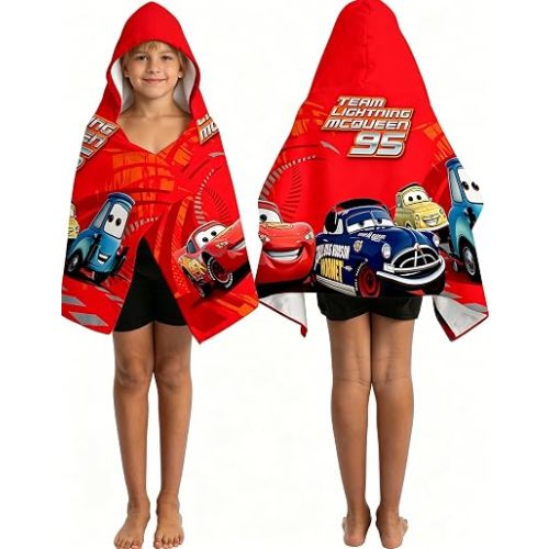 Cars Printed Soft Cotton Terry Hooded Towel Wrap, Absorbent Wearable Hooded Towel for Bath Pool Beach, 28 in x 55 in