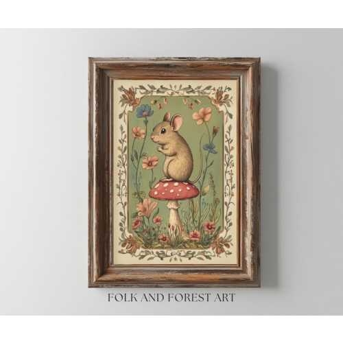 Woodland Mouse on Mushroom | Vintage-Inspired Folk Art | Digital Download Print | Cottagecore Animal Illustration | Multiple Sizes Included
