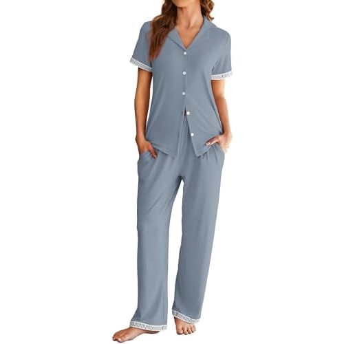 Ekouaer Womens Pajama Sets Short Sleeve Button Up Pjs, Chic Contrast Trim, Long Pants with Pockets,Soft Loungewear Set S-XXL