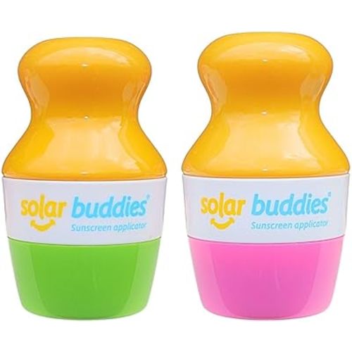 Solar Buddies Sunscreen Applicator - Pink & Green Duo - BPA-Free Refillable Roll on Sponge Sunscreen, Suncream & Lotion Applicator For Kids, Adults & Families - Holds 3.4fl oz, Perfect Size for Travel