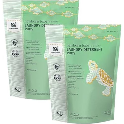 Grab Green Newborn Baby Laundry Detergent Pods, 60 Loads, Fragrance Free, Mineral Based, Non-Toxic, Stain Remover