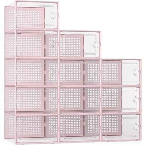 Kuject X-Large Shoe Storage Boxes Organizers Clear Plastic Stackable 12 Pack, Shoe Rack & Holder Substitute, Sneaker Containers, Toy Storage Organizer Bins for Entryway, Closet, Under Bed, Pink
