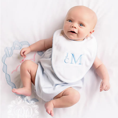 Bellyful Bib - Worth Avenue White with Buckhead Blue Picot Trim