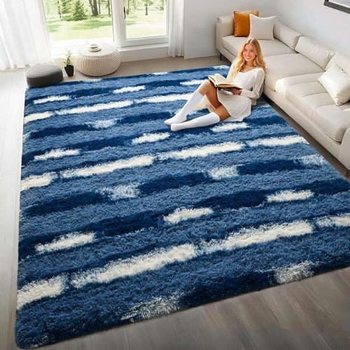 4x6 Feet Area Rugs for Living Room Bedroom,Blue and White Machine Washable Soft Fluffy Shaggy Indoor Rug, Floor Carpet for Girls Boys Kids, Dorms, Nursery Rooms, Home Decor Aesthetic