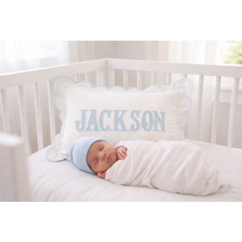 Personalized Baby Name Pillow Cover | Scalloped Nursery Pillow | Custom Embroidered Baby Pillow | Boy Nursery Decor | Baby Shower Gift